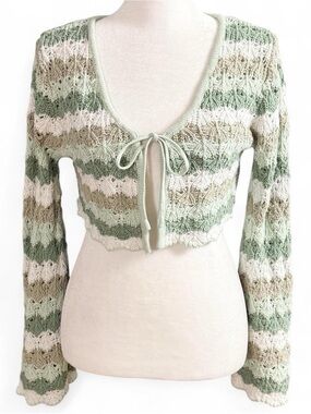 Love Knits Cropped Tie Front Cardigan Sweater XS Green White Boho